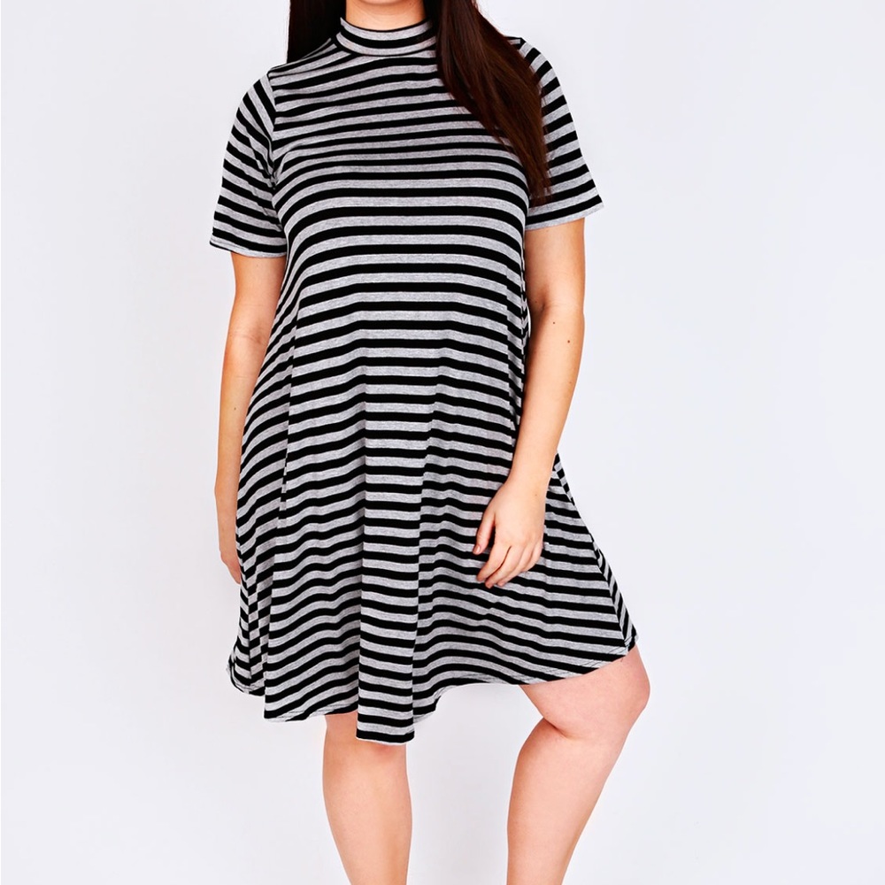 Enough about me gray & black striped T shirt dress